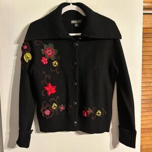 100% Merino wool black Mendocino cardigan sweater with floral embroidery